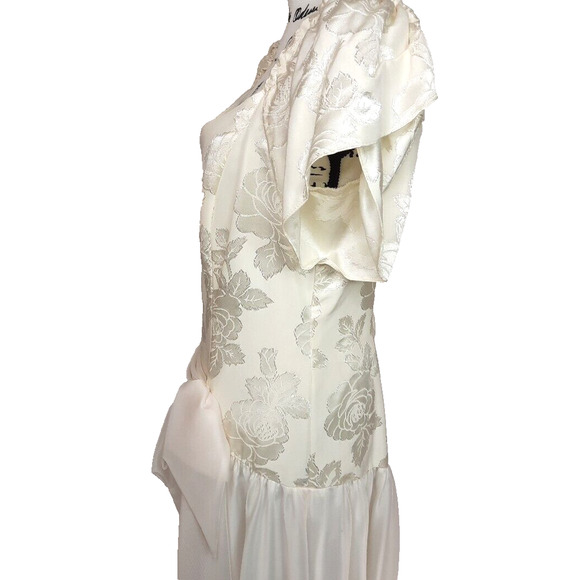 Vintage 80s Satin Chiffon Puff Sleeve Drop Waist Dress Size 16 Formal Wedding - Picture 12 of 16